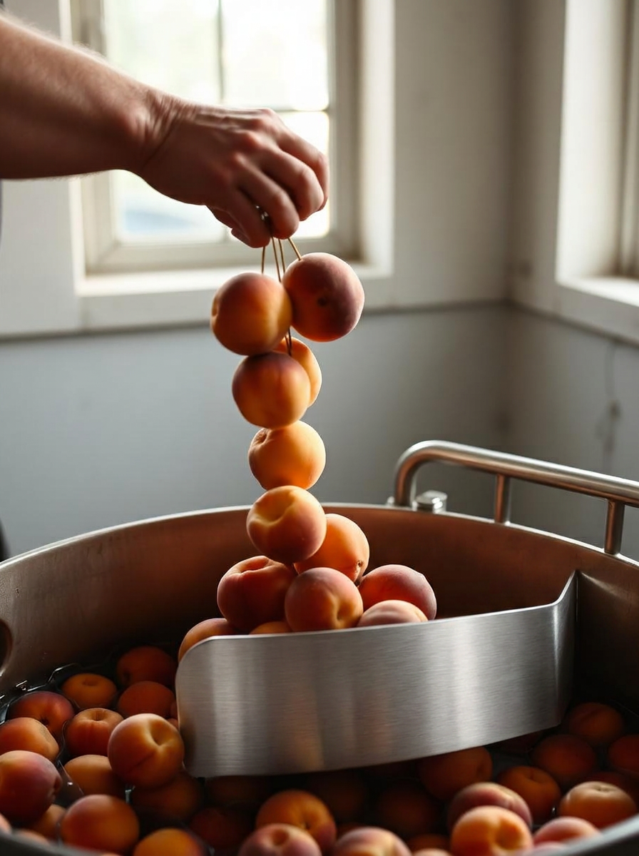 A brewer lifting ripe peaches from a steel maceration tank