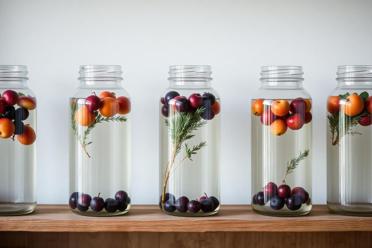 Glass fermentation vessels with fruit and herbs on a wooden shelf